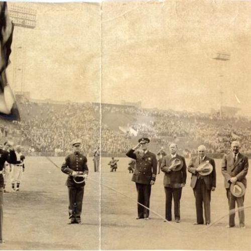 [Flag being raised during opening day ceremony at Seals Stadium]