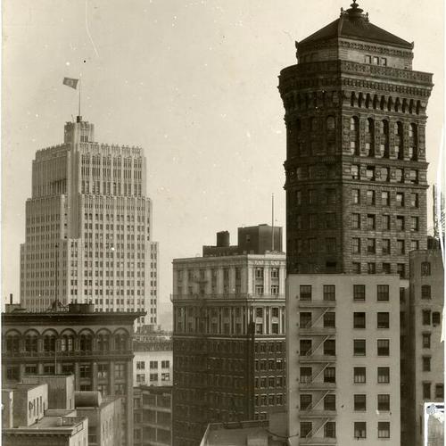 [View of buildings in downtown San Francisco with Pacific Telephone & Telegraph Company building in background]