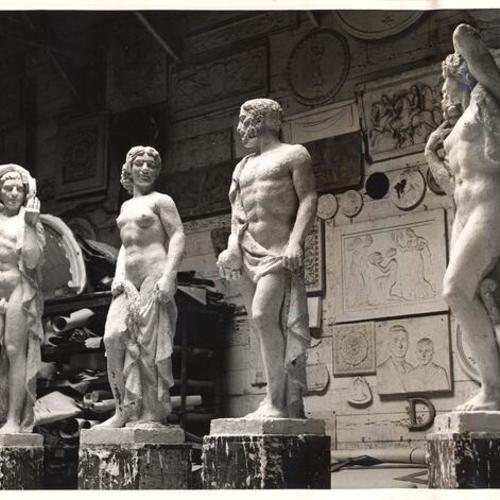 [Clay models representing Industry, Agriculture, Science and the Arts, by sculptor William Huff, statues will stand in the great arches of the Tower of the Sun, Golden Gate International Exposition on Treasure Island]