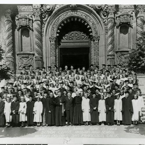 [Portrait of Mission High School class graduation in front of Mission Dolores]