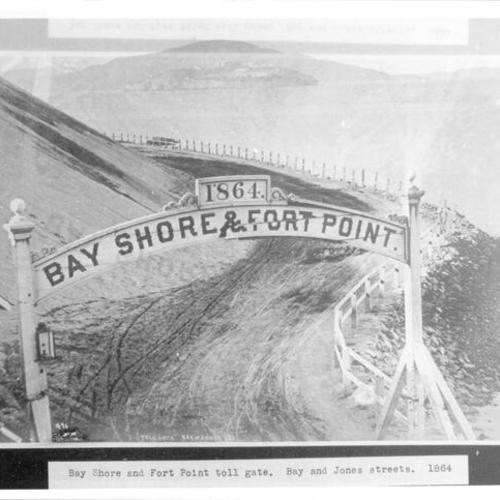 Bay Shore and Fort Point toll gate. Bay and Jones streets. 1864
