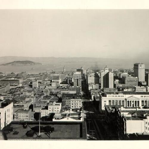 [View of downtown San Francisco with Yerba Buena Island and bay in distance]