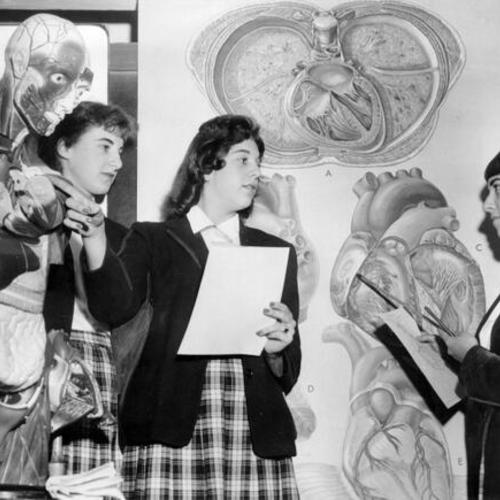[Presentation High School students Rosemarie Haas, Carol Radovich and Margaret Bagnani studying charts and figures]