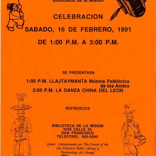 Biblioteca de la Mision..., February 16 1991, program flyer