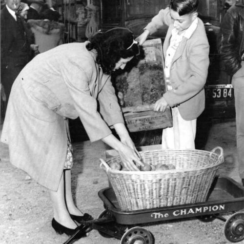 [Mary Jericich and her son Andrew filling a basket with pears at the Farmers' Market at Market and Duboce streets]