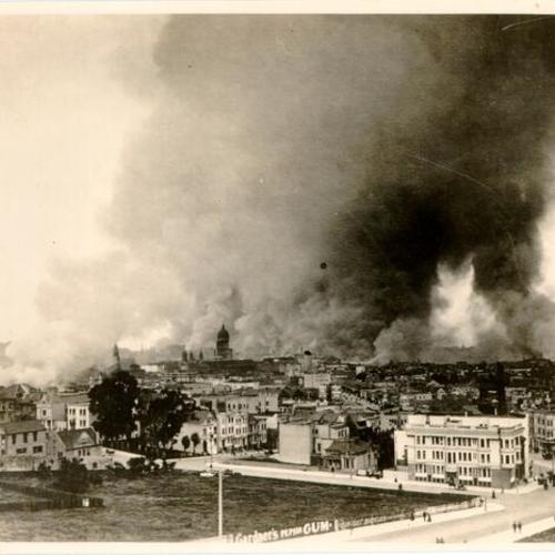 [View of downtown San Francisco burning from Waller Street, near Buchanan]