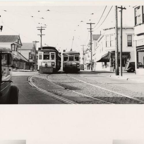 [Two streetcars on Cortland Avenue]