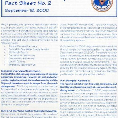 Hunters Point Shipyard Parcel E Landfill Fire Update Fact Sheet No. 2