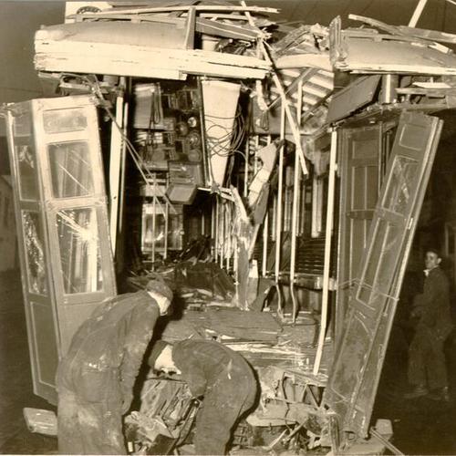 [Remains of a streetcar damaged in an accident]