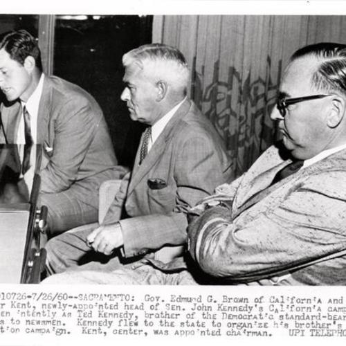 [Governor Edmund G. Brown at news conference with Ted Kennedy and Roger Kent]