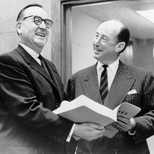 [Governor Brown and  Adlai Stevenson look at California's State budget]