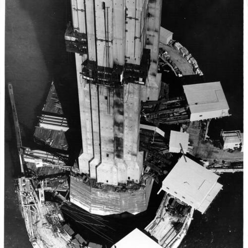 [Construction of base of Golden Gate Bridge south tower]