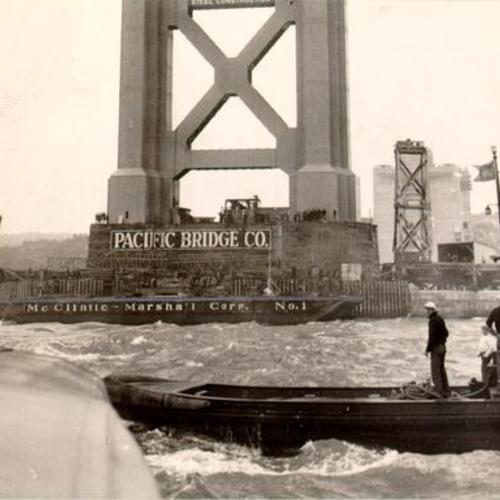[Beginning of cable work during construction of the Golden Gate Bridge]