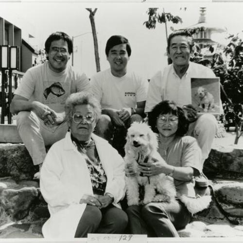 [Bob, Rick, Hirofumi, Dorothy, Alfie the dog and Suzie at Japan Center Malls in 1980]
