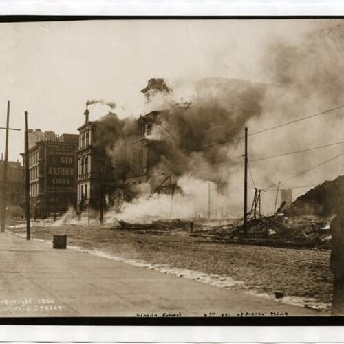 Lincoln School at 5th and Market Streets on fire after the 1906 earthquake