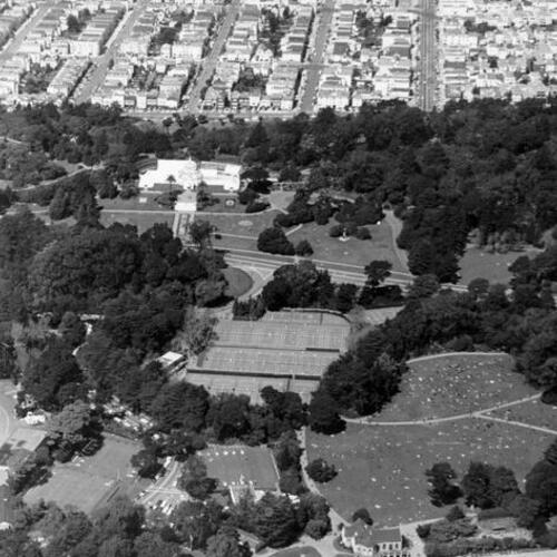 [Aerial view looking northwest at Tennis Courts & Conservatory in Golden Gate Park]