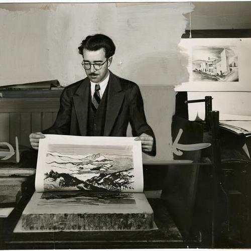 [Ray Bertrand, supervisor of the Lithography Division of the WPA Federal Art Project removing completed print from press]