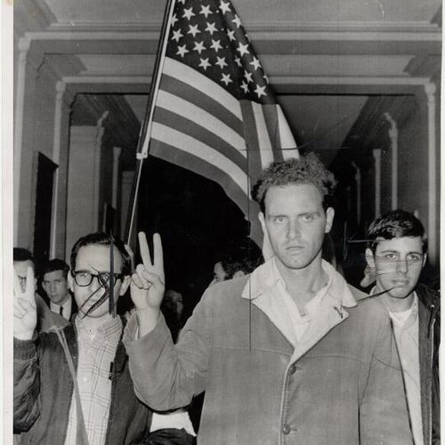 [Mario Savio, of the Free Speech Movement, leading demonstrators for sit-in at Sproul Hall]