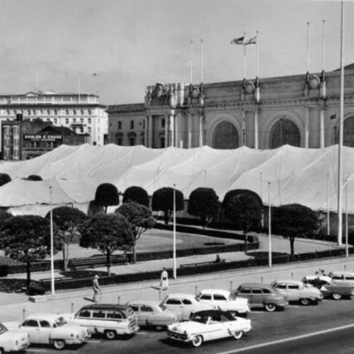 [Tents housing the American Medical Association stationed in front of the Civic Auditorium]