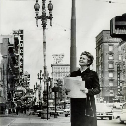[Constance Field standing on the corner of Market and Leavenworth Street, facing the Ferry Building]]