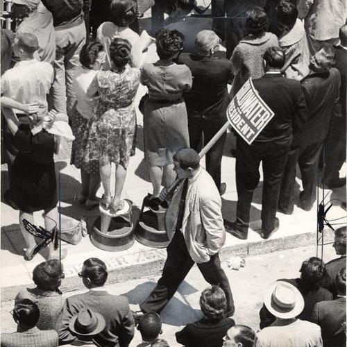 [Man carrying a Goldwater for president banner during President Johnson visit to San Francisco]