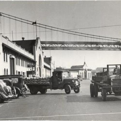 [Delivery trucks on the Embarcadero south of the Ferry Building]