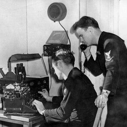 [Radiomen Harvey Benson and Patrick J. Howe at the Navy's lookout and signal station on Yerba Buena Island]