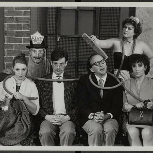 EXITheatre actors (Left to Right) Celia Maurice, Dennis Parks, Randall Denhem, Frank Widman, Lisa Coussell, and Martha Rabin performing in "The Bald Soprano"