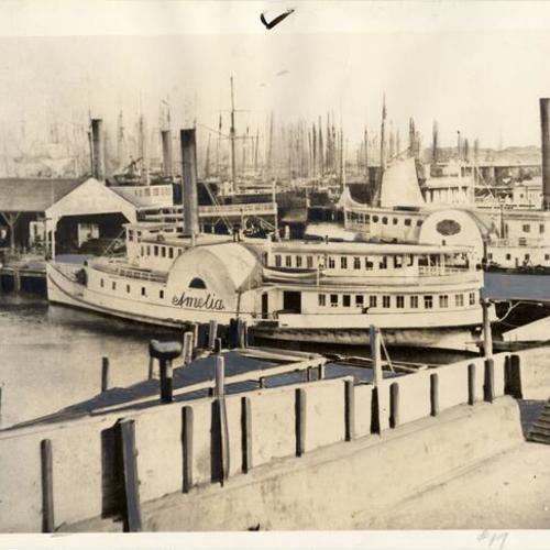 [Ferry steamer "Amelia" tied up at Meiggs' Wharf]