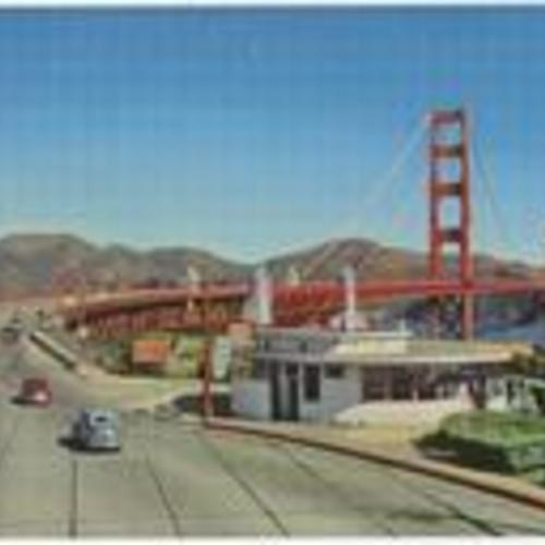 [Golden Gate Bridge with Round House Restaurant in Foreground]