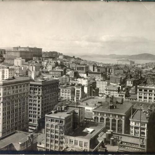 [View of downtown San Francisco, looking northwest, with Alcatraz Island in distance]