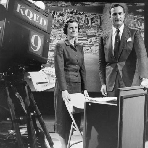 [Roger Boas at KQED television station with assistant producer Virginia Duncan]