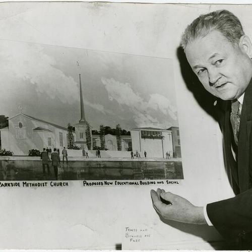 [Architect Donald Powers Smith showing sketch for supplement to Parkside Methodist Church]