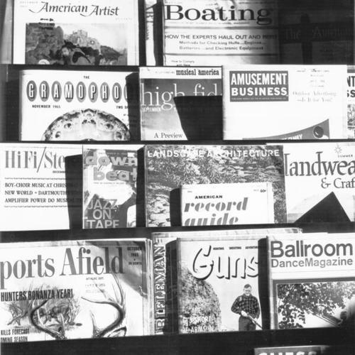 [Various kinds of magazines displayed in Periodical Room at Main Library]