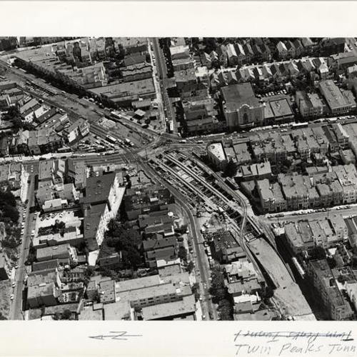 [Aerial view of Upper Market Street at Castro, during construction of Twin Peaks Tunnel]