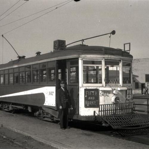 [Sloat boulevard at Zoo showing conductor A.J. Freden standing in front of #12 line car 932]