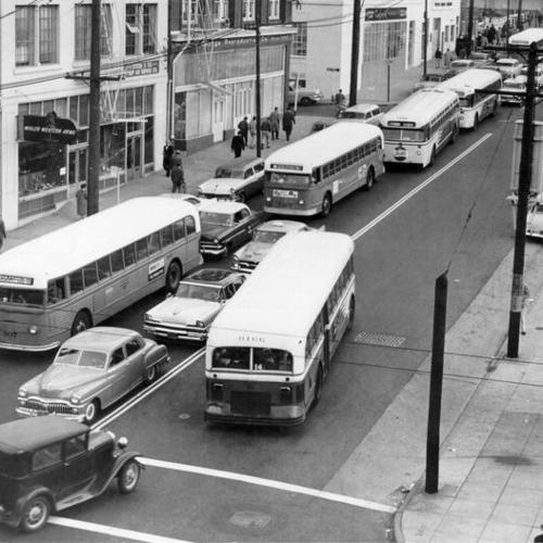 [Line of buses on Second Street]