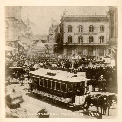 [City Railroad Company horse car at Market and Montgomery streets]