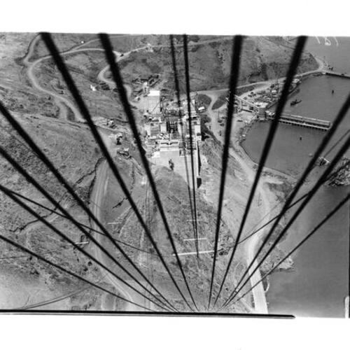 [Early stage of catwalk construction of Golden Gate Bridge]