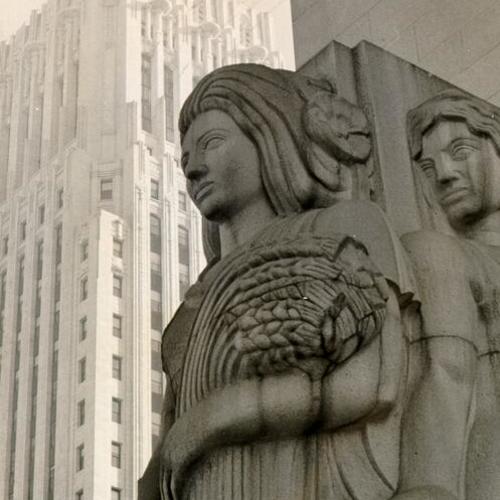 [Closeup of Ralph Stackpole's sculpture of women outside of Stock Exchange]
