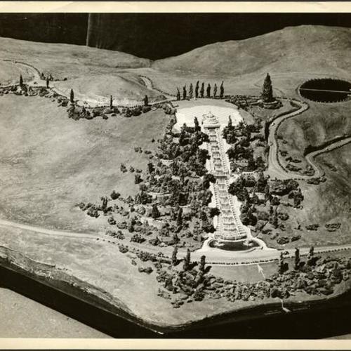 [Detail of model of Twin Peaks showing proposed formal cascade made by Federal Art Project]