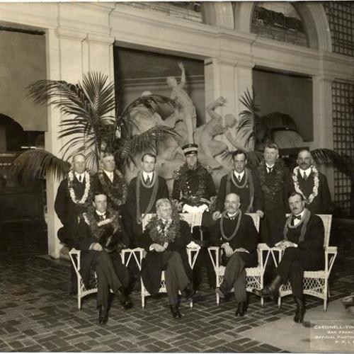[Vice President Thomas Riley Marshall posing with Reception Committee in the Hawaiian Building at the Panama-Pacific International Exposition]