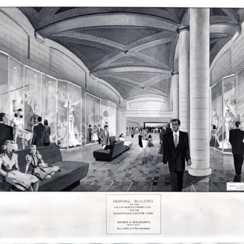 [Architectural drawing of the lobby of a new Downtown Parking Center]
