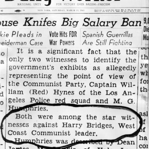 [Excerpt from an article in the "Daily Worker" that identifies Harry Bridges as a "West Coast Communist leader"]