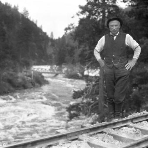 [Hetch Hetchy Railroad: Mr. M.M. O'Shaughnessy Beside Track]