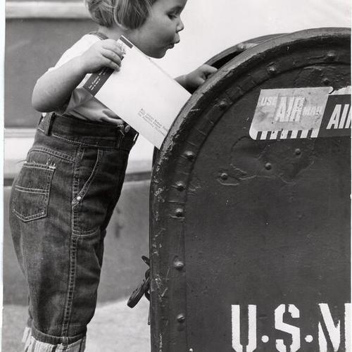 [17-month-old Jeanie Landles Kortum mailing a letter appealing for contributions for the restoration of the historic sailing ship "Pacific Queen," also known as the "Balclutha"]