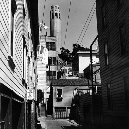 [Gerke Alley, located in Telegraph Hill, with view of Coit Tower in background]