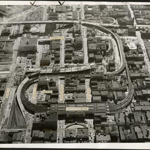 [Aerial view of Embarcadero Freeway under construction]