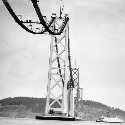 [View of San Francisco-Oakland Bay Bridge with hanging cables and catwalk during construction]