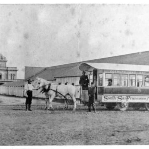 [Horse car in front of car depot]